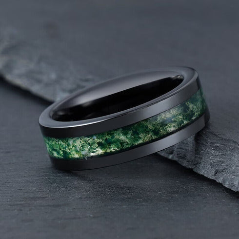 Men's 8mm Tungsten Beveled Edges Black Green Carbon Fiber Inlay Wedding Band